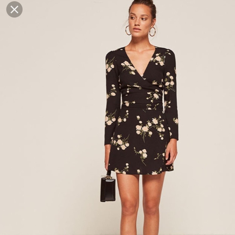 Reformation Black Floral Long Sleeve Wrap Mini Dress V-Neck Back Tie Small